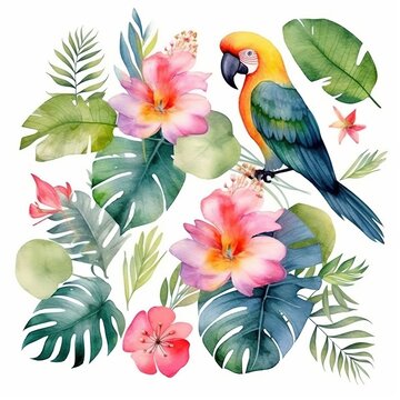 parrot sitting on branch witn tropical flowers and leaves on white background watercolor painting for postcard cover fabric book decor. generative ai