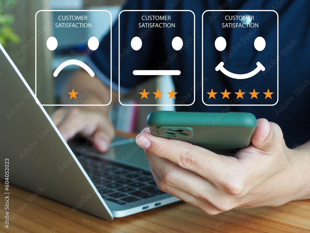 Poster customer satisfaction survey concept, businessman selecting satisfaction review scores service exper