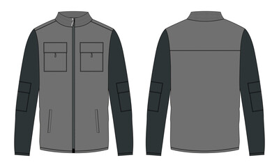 Two tone color Long sleeve jacket with pocket and zipper technical fashion flat sketch vector illustration template front and back views. Fleece jersey sweatshirt jacket for men's and boys.