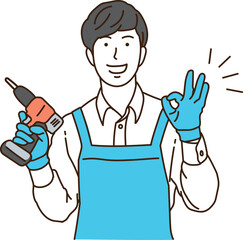 電動ドリルを持つエプロン姿の若い男性