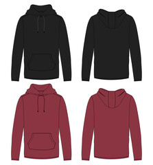 Long sleeve hoodie vector illustration black and  Red color template front and back views