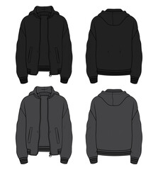 Long sleeve hoodie jacket vector illustration black and grey color template front and back views