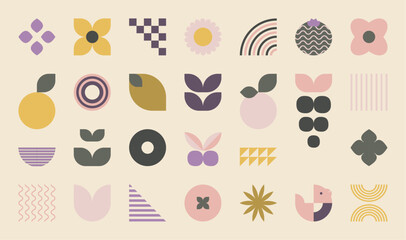 Modern geometric minimalist forms. Spring / Summer minimal basic abstract shapes swiss style. primitive contemporary dynamic blocks. Soft primitive trendy bauhaus inspired shapes,  flowers and crops.