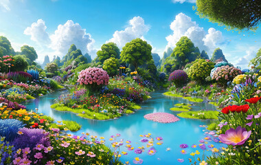 Paradise garden full of flowers, beautiful idyllic background with many flowers in Eden. Generative Ai. - obrazy, fototapety, plakaty