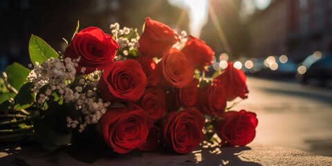 bouquet of red roses with white flower, generative AI