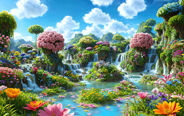 Paradise garden full of flowers, beautiful idyllic  background with many flowers in eden, 3d illustration. Generative Ai.