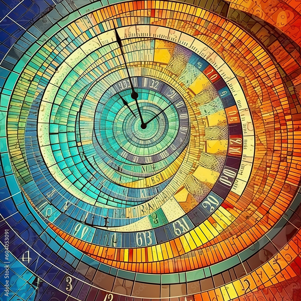 Poster a colorful clock with a circular design on it. generative ai.