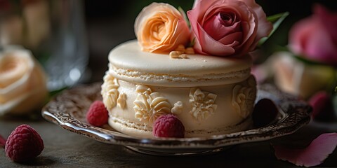 A macaroon and rose decorated cake, generative AI