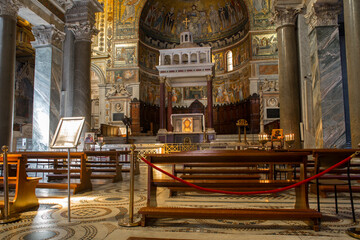 Interior of the Basilica of Santa Maria in Trastevere. The church of Our Lady in Trastevere is a titular minor basilica in the Trastevere district of Rome, Italy.