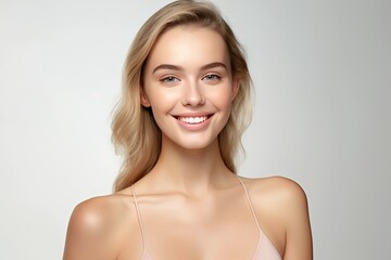 Portrait of a happy, confident, and healthy Caucasian woman with glowing skin and positivity. Generative AI