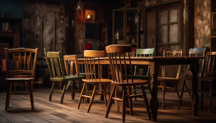 Fototapeta na wymiar Comfortable rustic chairs adorn modern wooden table generated by AI
