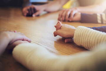 Circle, group and holding hands with people, praying and support for faith, trust or solidarity on...
