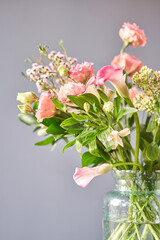 Bouquet 001. Finished flower arrangement in a vase for home. Flowers bunch, set for interior. Fresh cut flowers for decoration home. European floral shop. Delivery fresh cut flower.