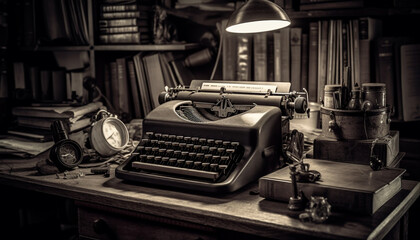Fototapeta na wymiar Antique typewriter on old desk, nostalgia revived generated by AI