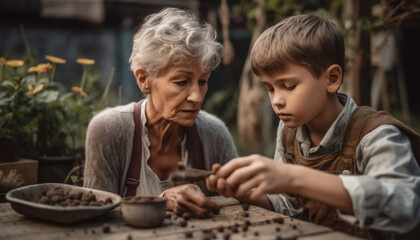 Multi generation family bonding, making pottery outdoors generated by AI - obrazy, fototapety, plakaty