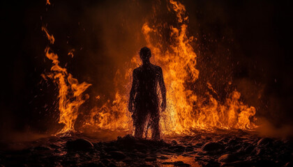 One person standing in glowing inferno outdoors generated by AI