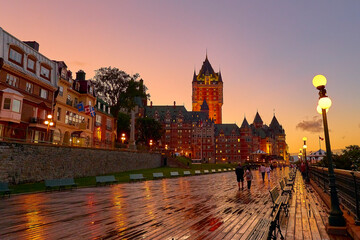 Quebec City evening sunset with Chateau Laurier and Board Walk