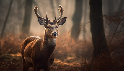 Horned stag stands in tranquil autumn forest generated by AI
