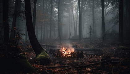 Burning campfire illuminates spooky Halloween wilderness scene generated by AI - obrazy, fototapety, plakaty