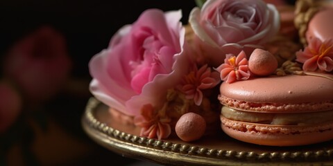 A macaroon and rose decorated cake, generative AI