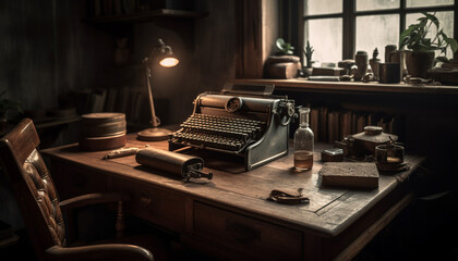 Antique typewriter on rustic wooden desk indoors generated by AI