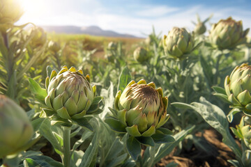 Obraz premium Close-up of artichoke in a field with a clear sunny sky and hills in the background. Artichoke plantation with ripe flower heads growing on organic farm. Generative AI