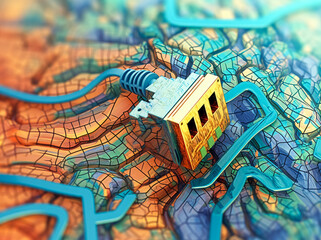 Obraz premium Ethernet cable connecting to earth, Ethernet cable with cable connector positioned across a globe, ethernet connection connected to a satellite, world wide web. Generative Ai Illustration