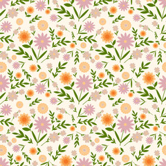 Seamless floral vector pattern. Surface design with small plants: flowers, leaves, twigs, isolated on a beige background