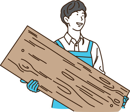 man holding wood plank, blue apron, smiling clip art preview