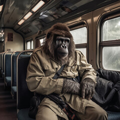 Image of a gorilla in an explorer's clothing traveling by train. Anthropomorphic concept