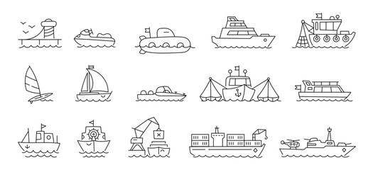 Ships icon set. Boats berth. Fishing boat. Editable outline. Vector line. - 604056264