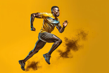 A man in a yellow shirt is running. Generative AI.