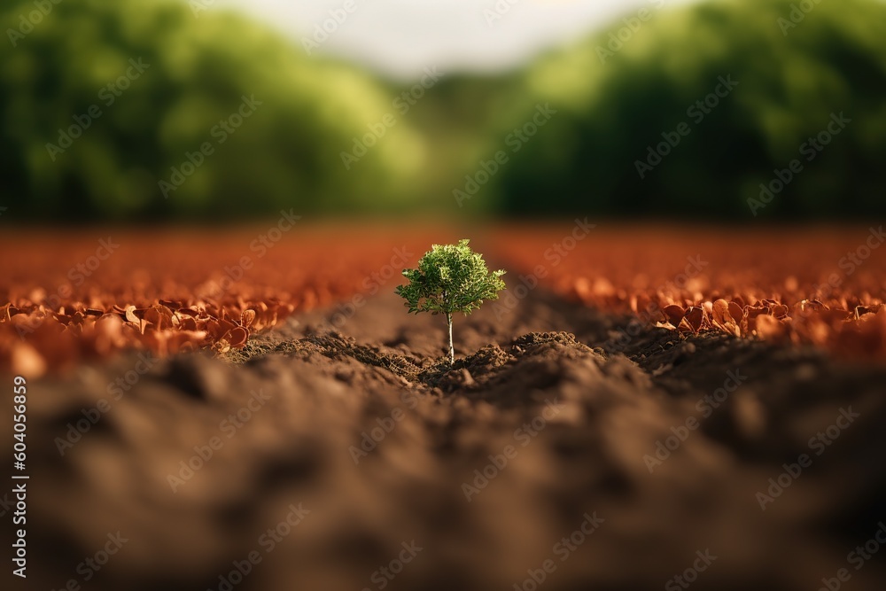 Poster in the center of a field, there is a sapling that has begun to take root. generative ai