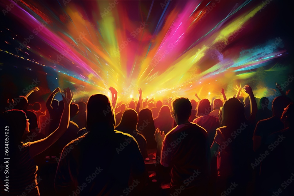 Poster a large number of people attending a performance, all of them are wearing colorful lights generative