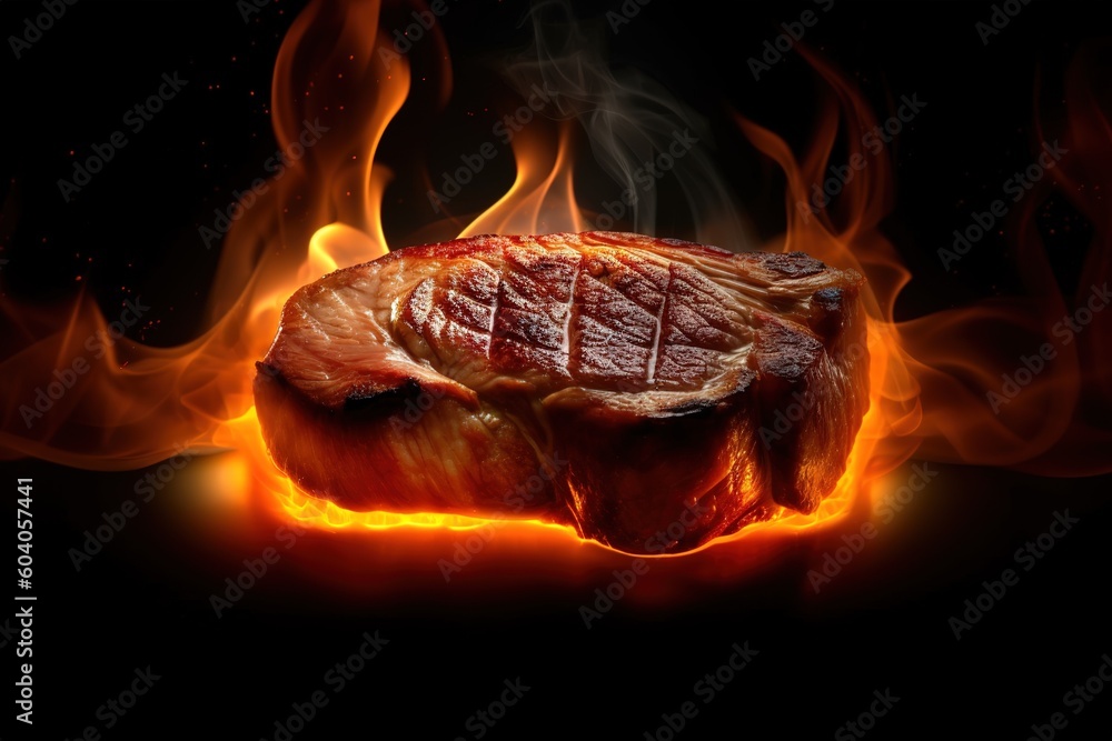 Poster On a dark background is a picture of a steak that is on fire. Generative AI