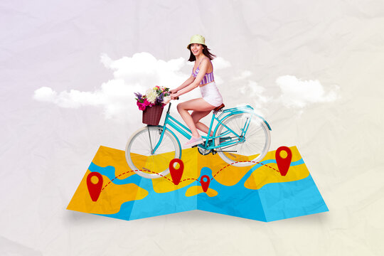 Collage advert poster pinup pop banner image of funky positive girl traveling countries eco transport isolated painting background