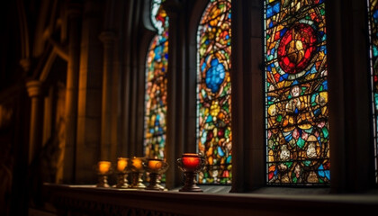 Stained glass illuminates ancient Gothic chapel history generated by AI