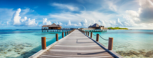 Tropical Paradise: Wooden Pier to Island in Ocean with Blue Sky and White Clouds, generative AI