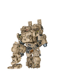Naklejka premium piloted combat sci-fi armor mech unit painted out in coyote tan is on his knees and ready for combat