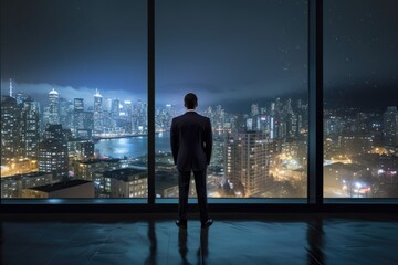 Fototapeta premium Rear view man looking view of skyscrapers on the observation deck at sunset, ai generative