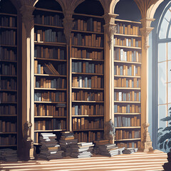 illustration of an interior of library books