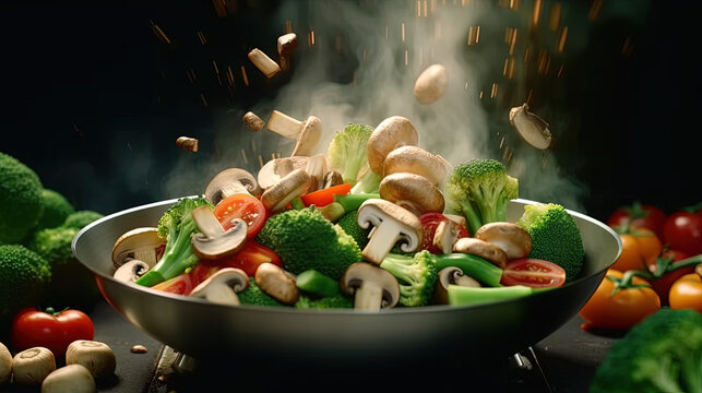 vegetables flying into the pan in slow motion. Onions, broccoli, mushrooms, champignons, tomatoes, zucchini. Healthy vegetarian food