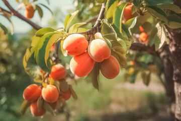 Сloseup photo of bunch of ripe apricots hanging on an apricot tree branch in sunlight.