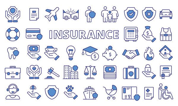 Set of insurance blue icons in line design. insurance vector flat illustrations. Auto, health, Life, Home, Travel, Business, Property, Insurance quotes, icons isolated on while background vector