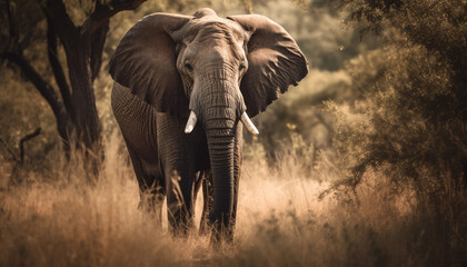 Fototapeta na wymiar African elephant walking through tranquil savannah landscape generated by AI