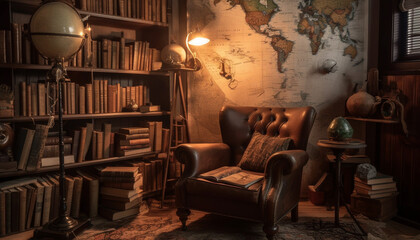 Antique bookshelf in library, a cozy seat generated by AI