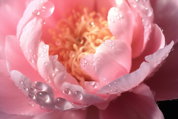Glistening Dew Drops on Pink Peony Petal - A Macro Capture of Nature's Purity, generative AI