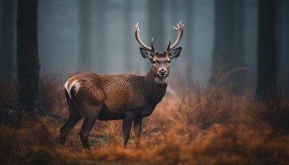 Horned stag grazing in tranquil autumn meadow generated by AI