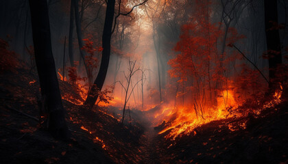 Burning forest, spooky mystery, evil inferno horror generated by AI