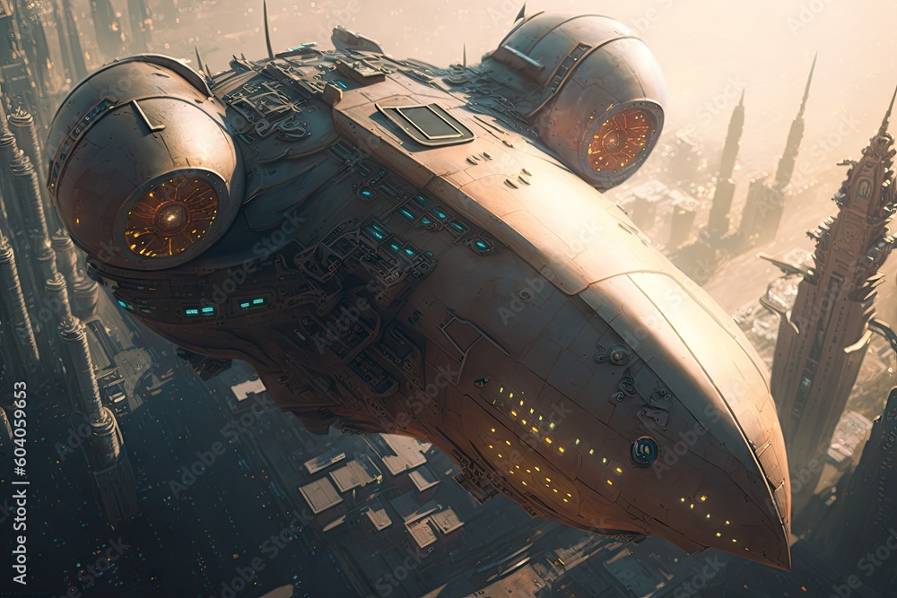 Poster cyber punk spaceship seen from above. glorious generative ai.